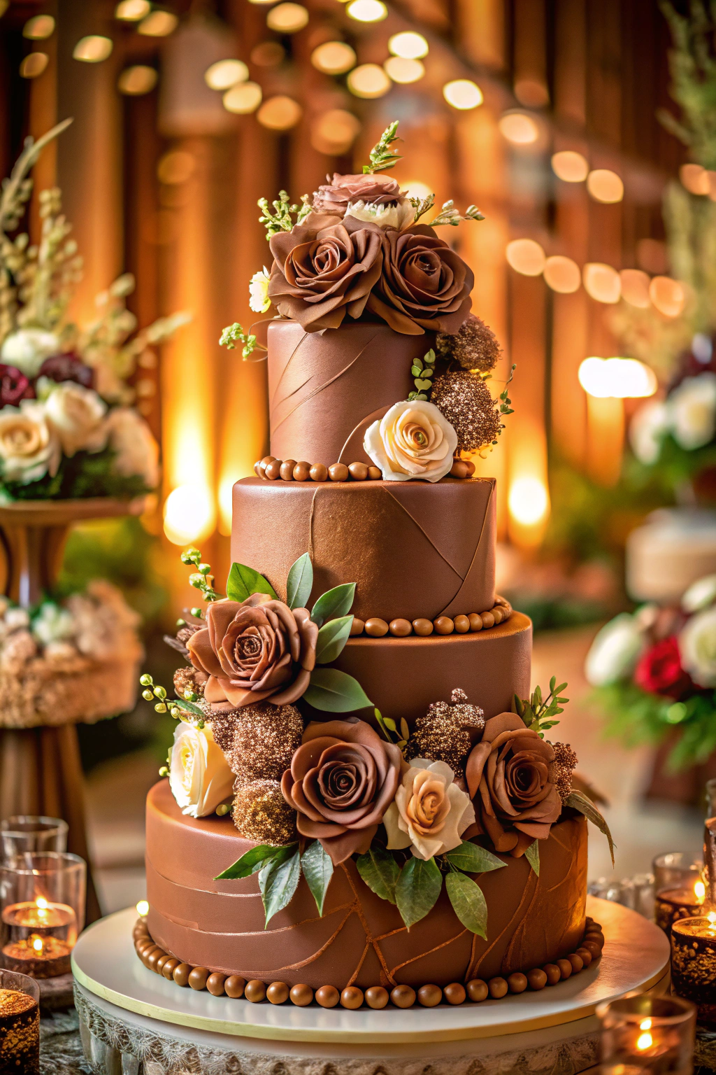 Elegant brown and cream wedding cake adorned with roses