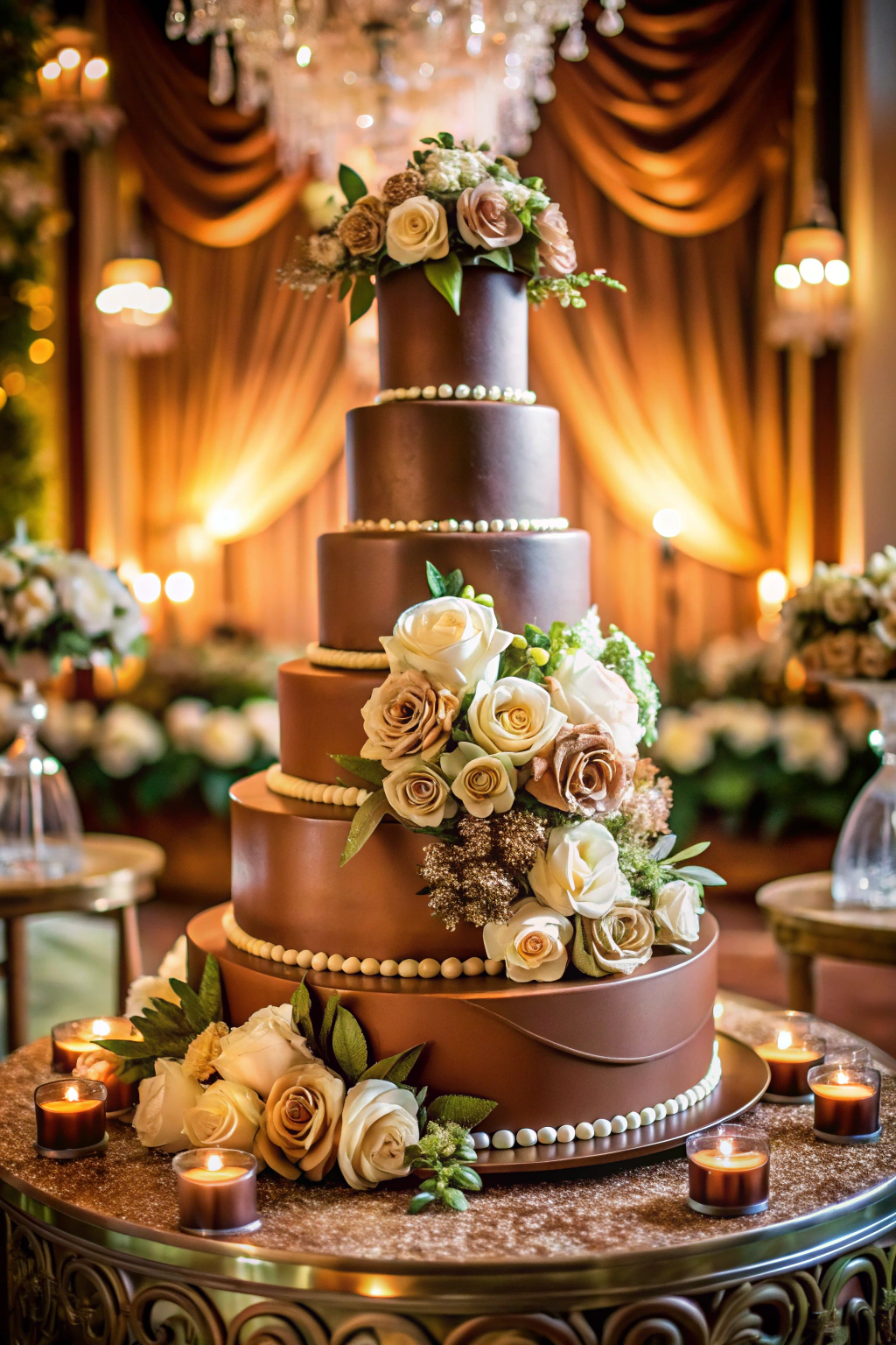 Luxurious brown cake with floral accents