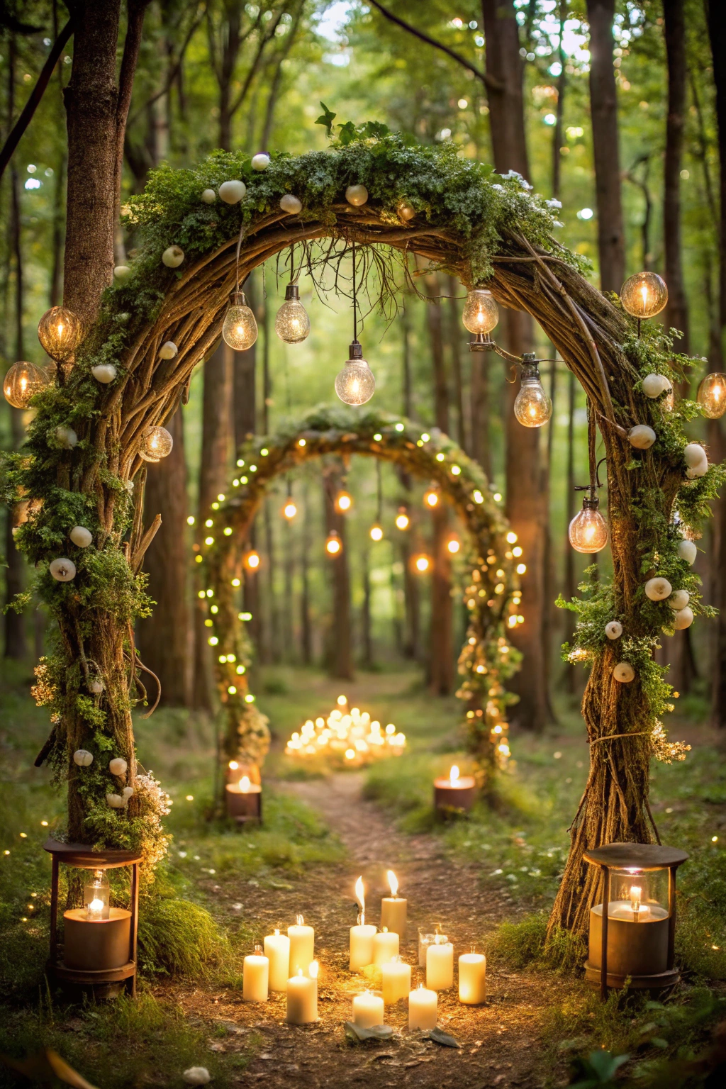 Illuminated woodland wedding archway with candles