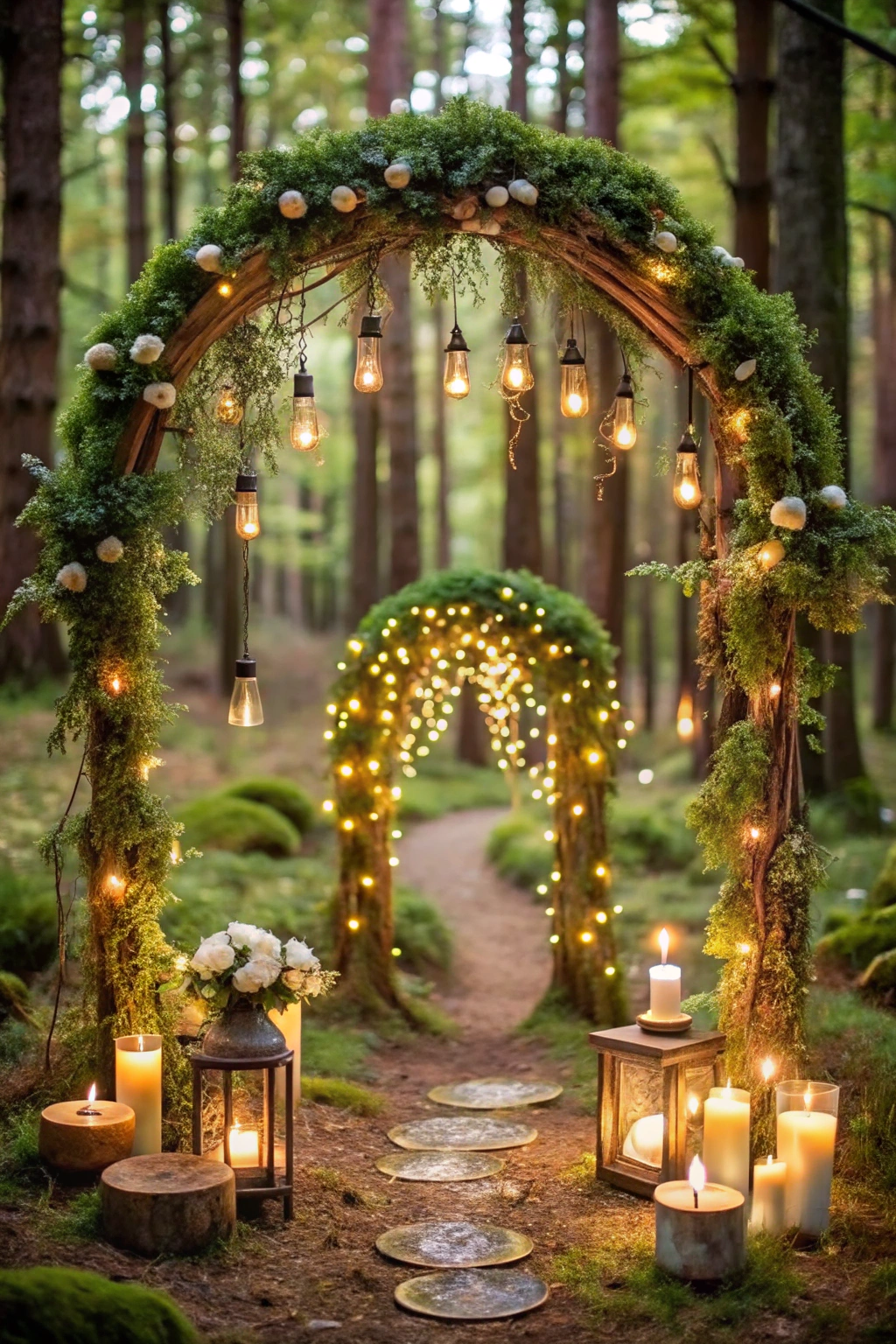 Woodland pathway adorned with twinkling lights and candles