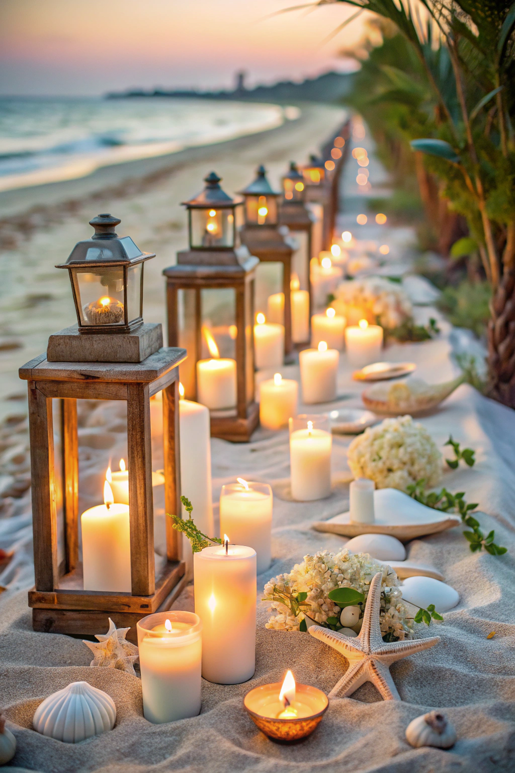 Soft glow of candles and lanterns on the beach