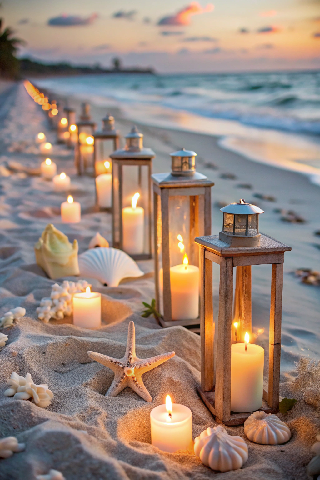 Candles and seashells in the sand at sunset