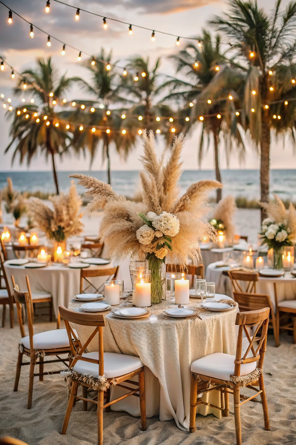 Beachside wedding tables with candles and pampas grass