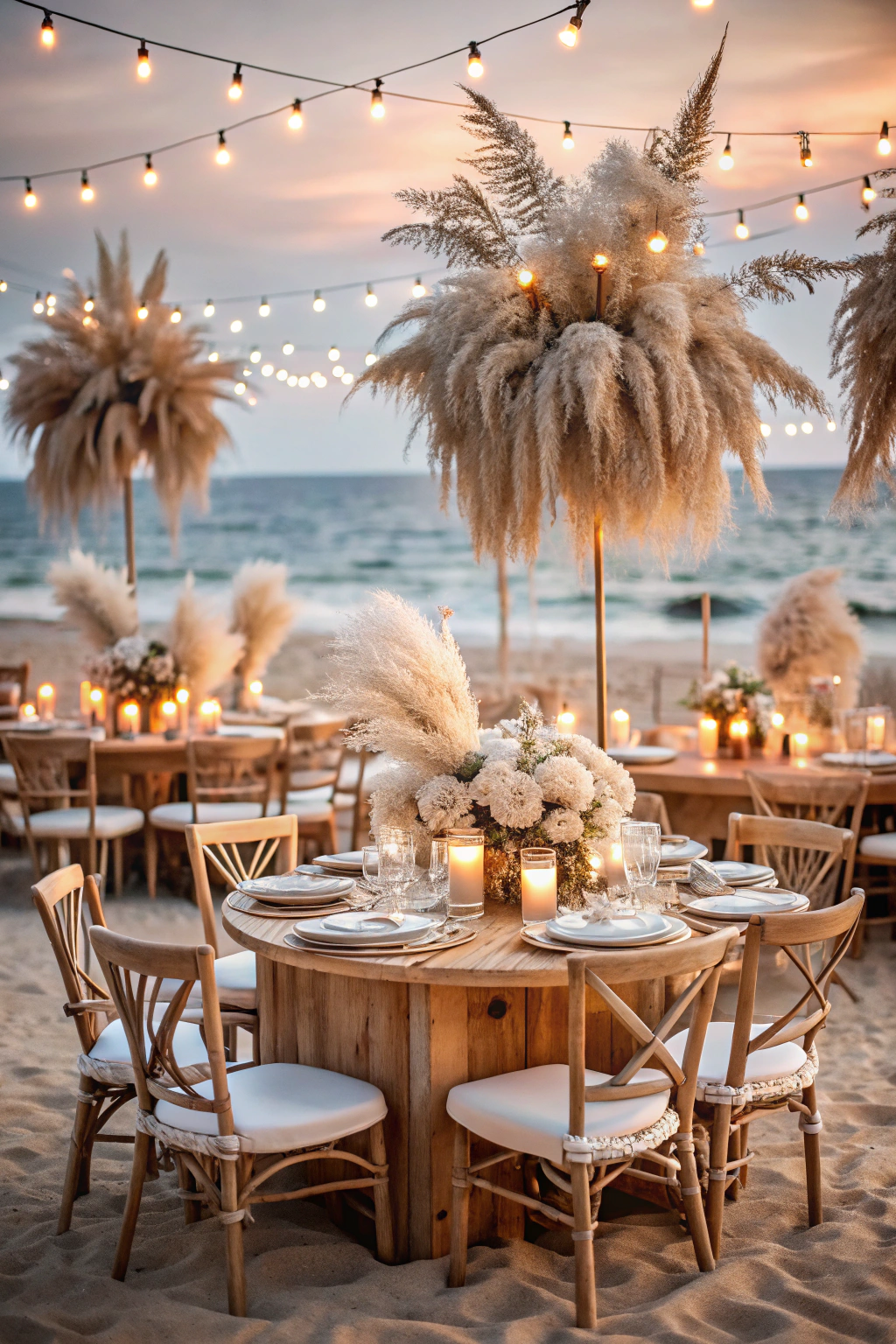 Bohemian beachside wedding setup with pampas grass and string lights