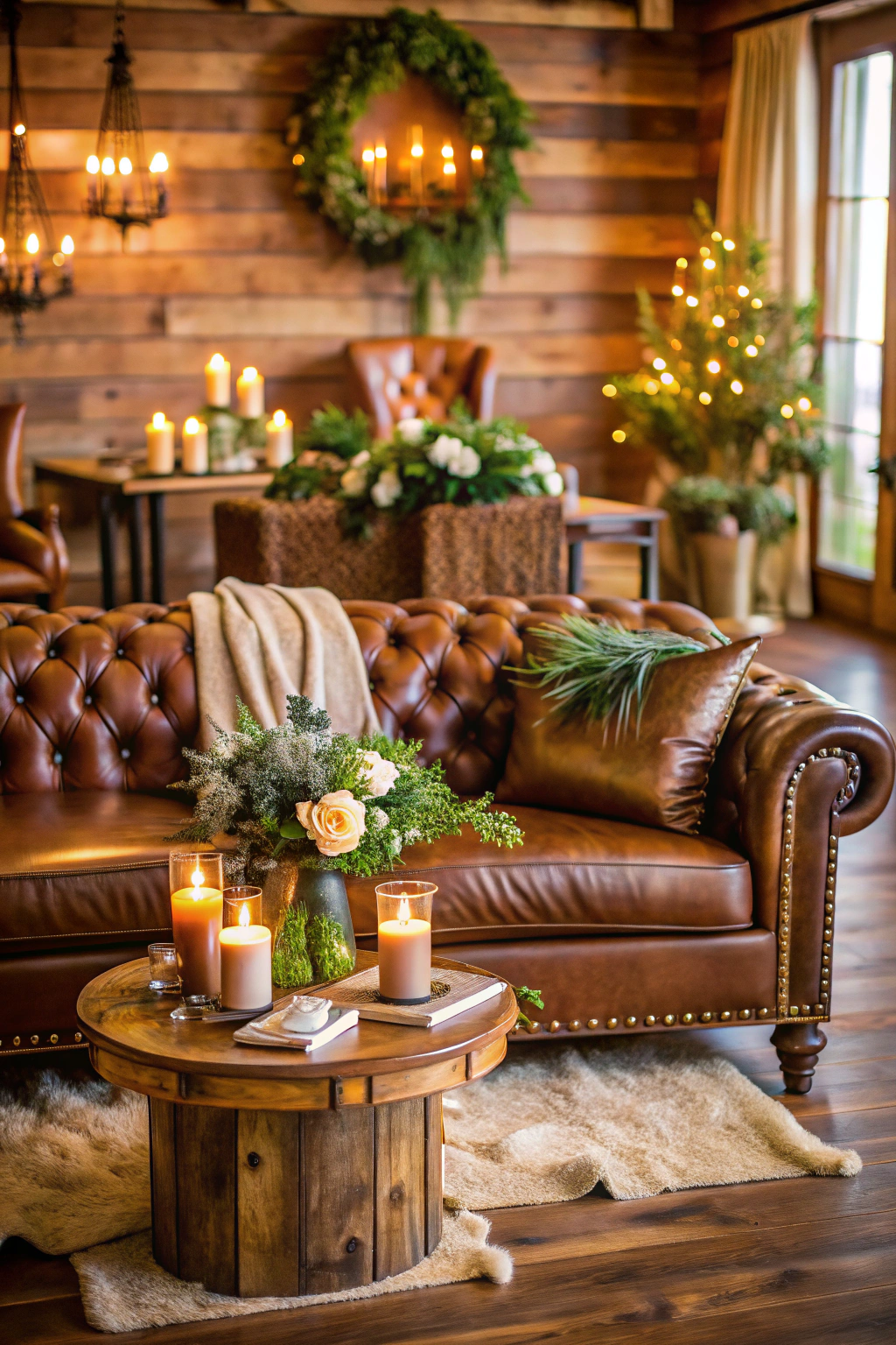 Warm brown wedding decor with candles and greenery