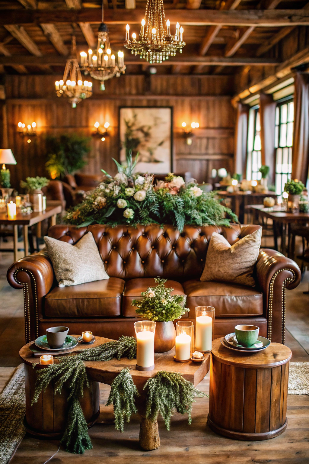 Elegant brown wedding lounge area with candles and greenery