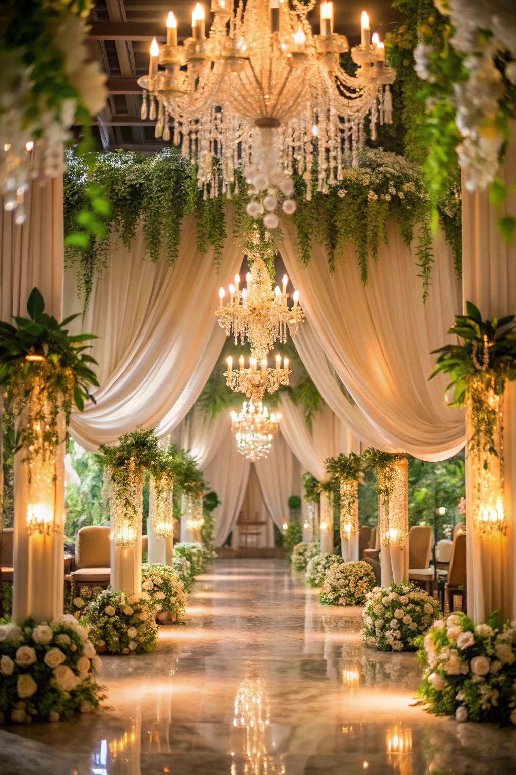 Lavish wedding aisle with chandeliers and floral decor