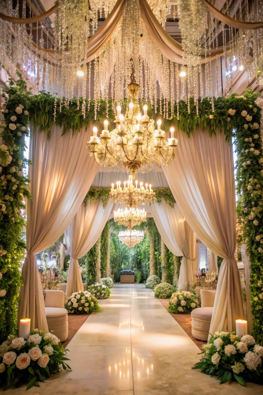 Elegant pathway adorned with flowers and chandeliers