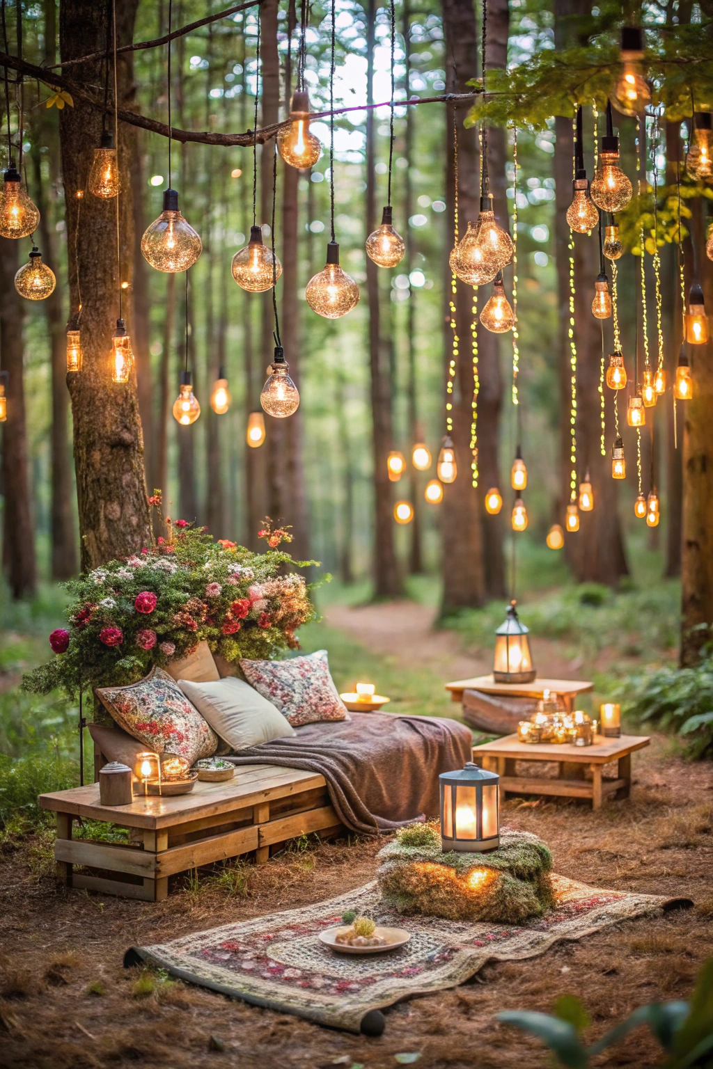 Fairy lights hanging in an enchanted forest wedding scene