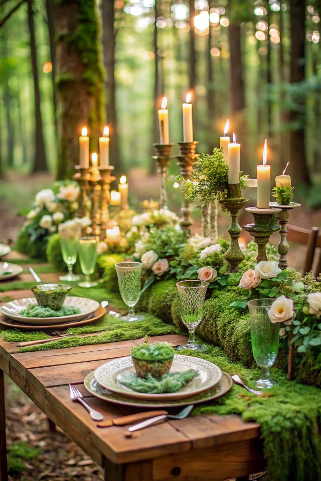 Elegant woodland table setting with candles and greenery