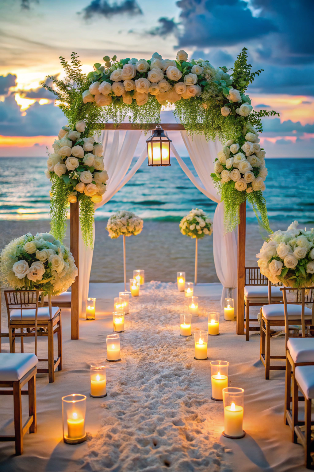 Beach wedding setup with ocean backdrop at sunset