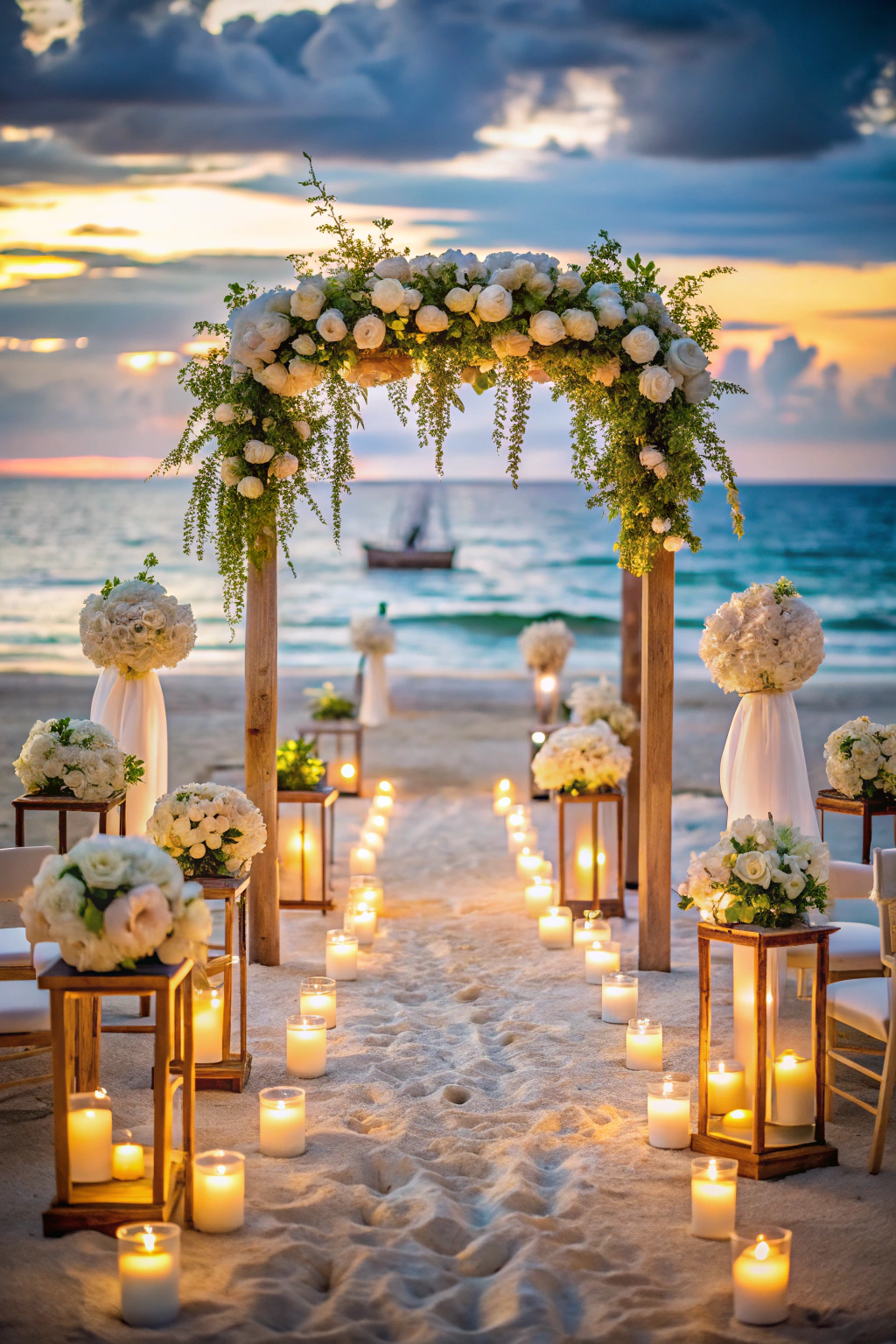 Beach wedding setup with floral arch and candles at sunset