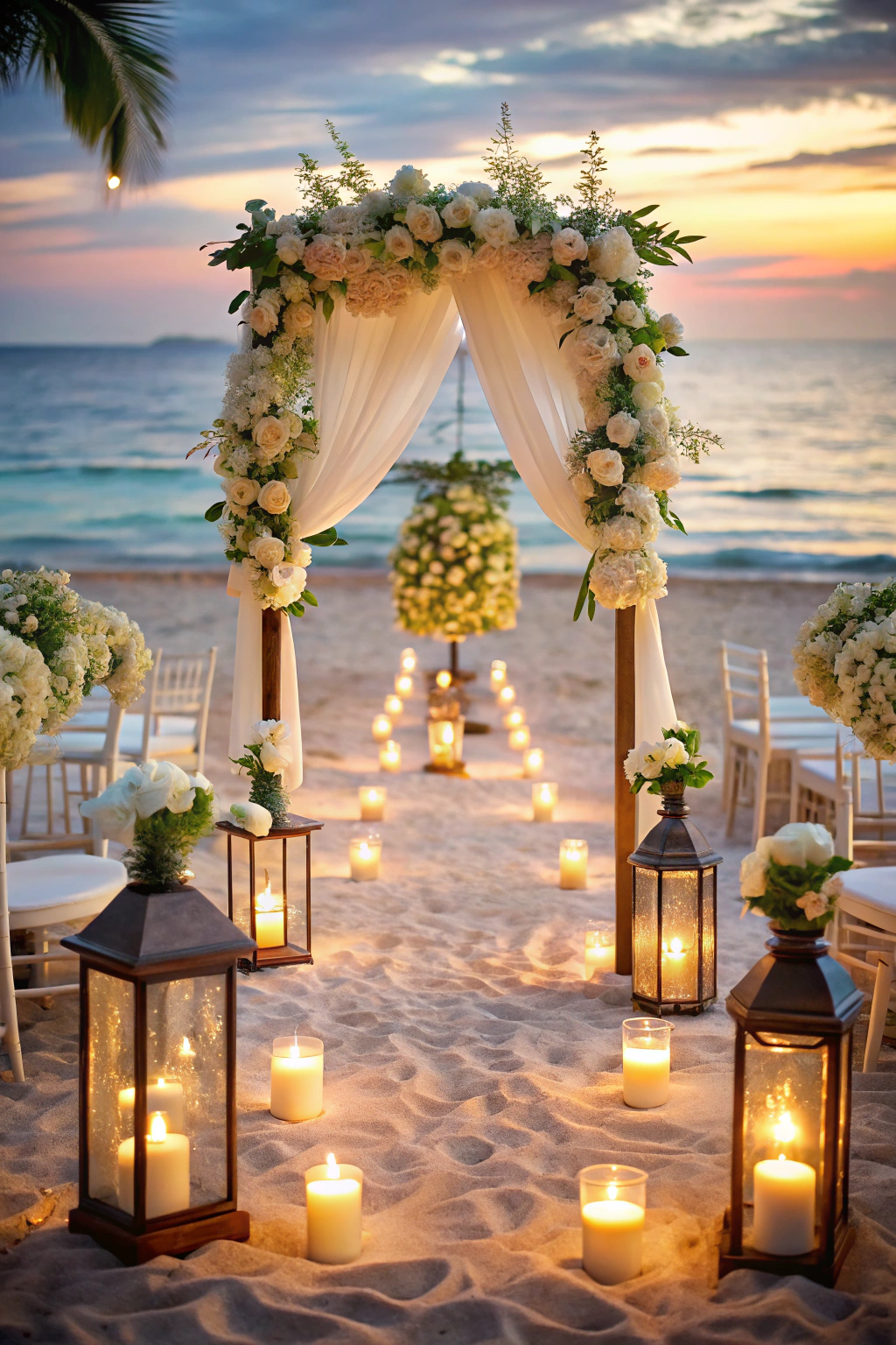 Beach wedding arch with flowers and candles at sunset