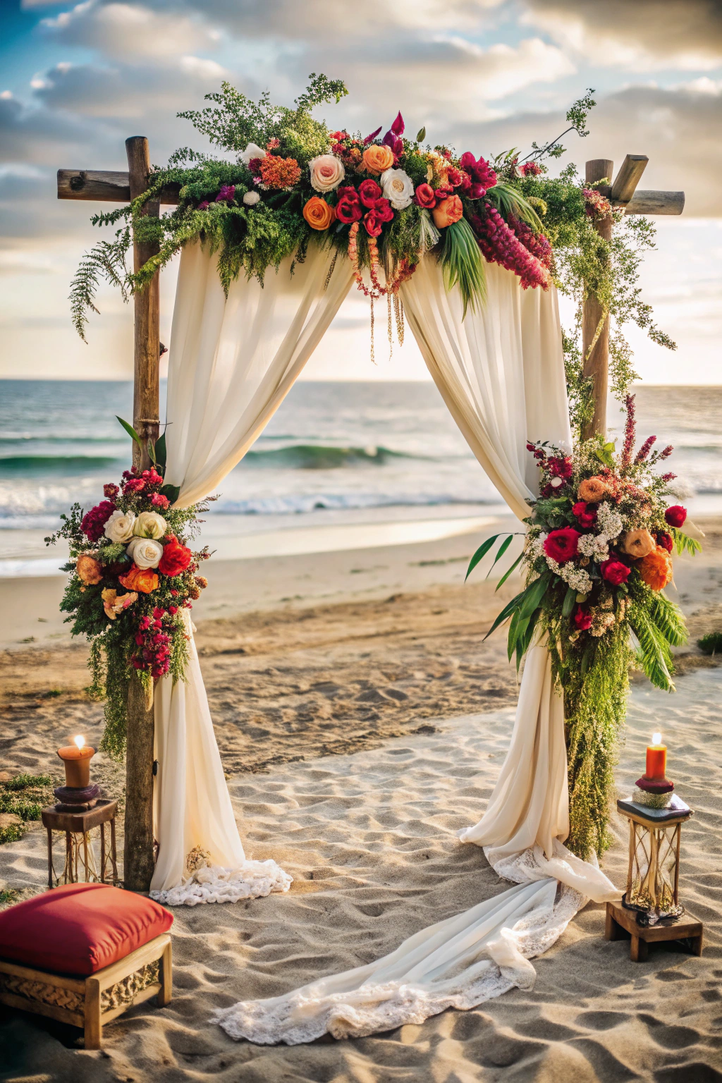 Beach wedding arch with vibrant flowers and flowing drapery