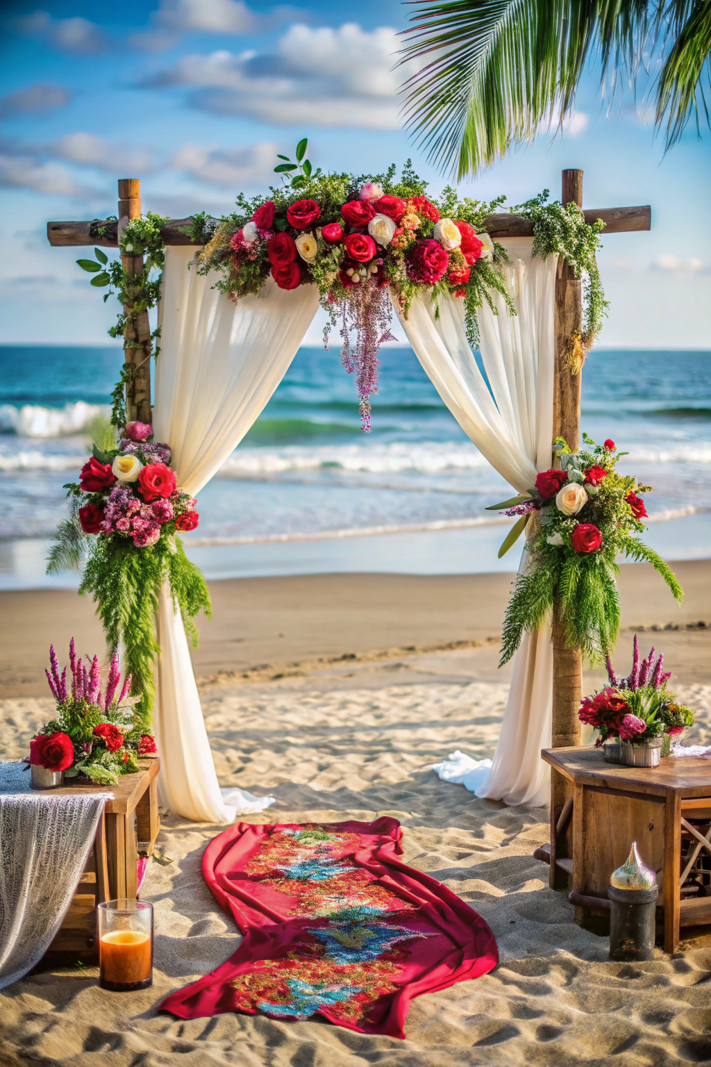 The decor embodies a bohemian beach wedding theme characterized by a relaxed and natural aesthetic. A wooden arch adorned with lush greenery and 2