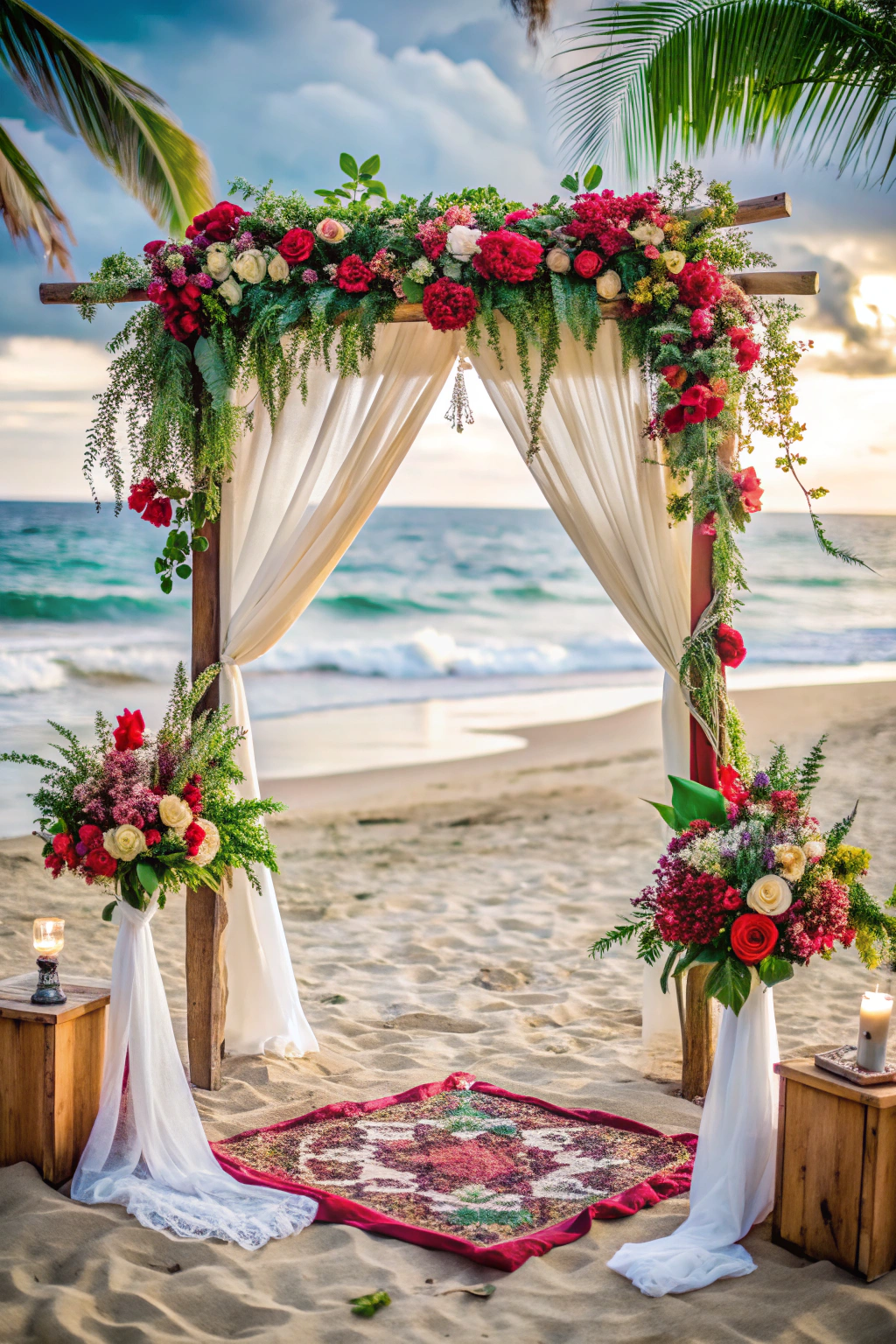 Beach wedding altar with vibrant floral decorations and ocean backdrop