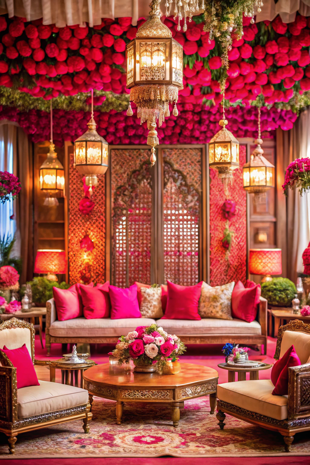 Opulent seating arrangement with vibrant roses and lanterns