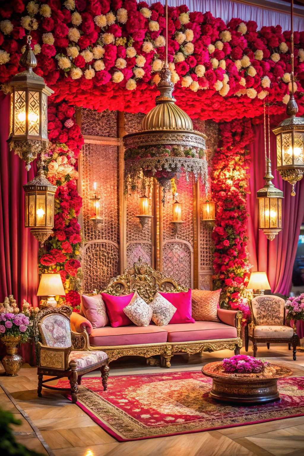 Luxurious couch setting surrounded by vibrant blooms and golden lanterns