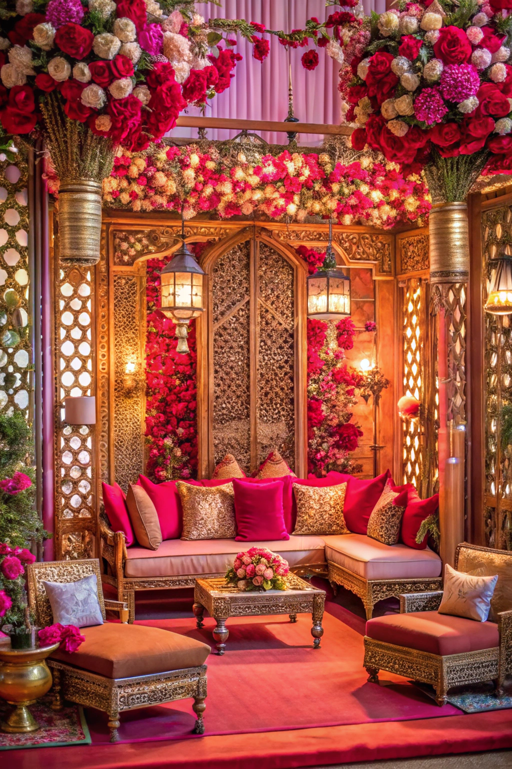 Gold and Red Wedding Seating Area with Hanging Lanterns