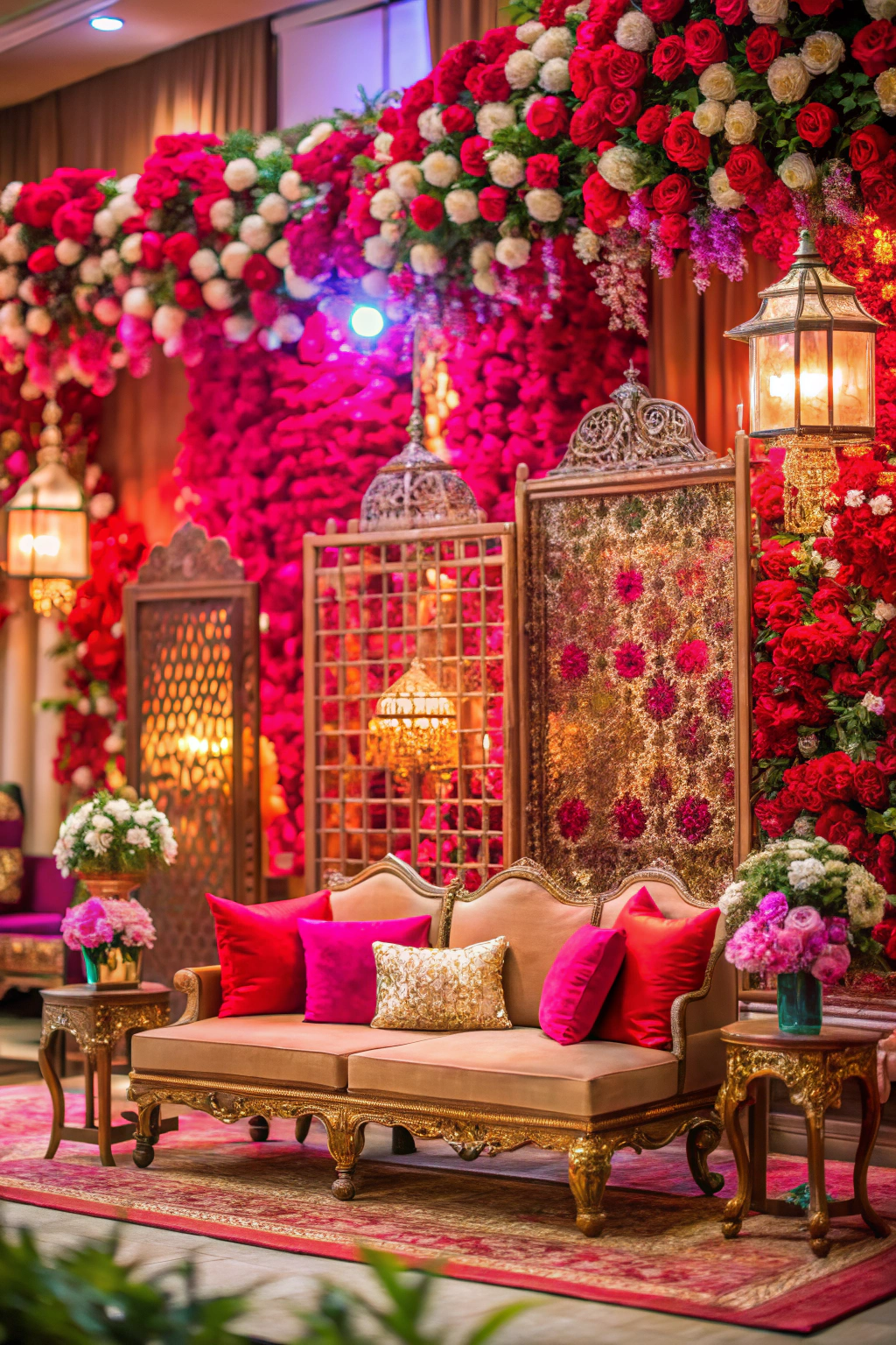 Luxurious setting with ornate seating and rich floral arrangements