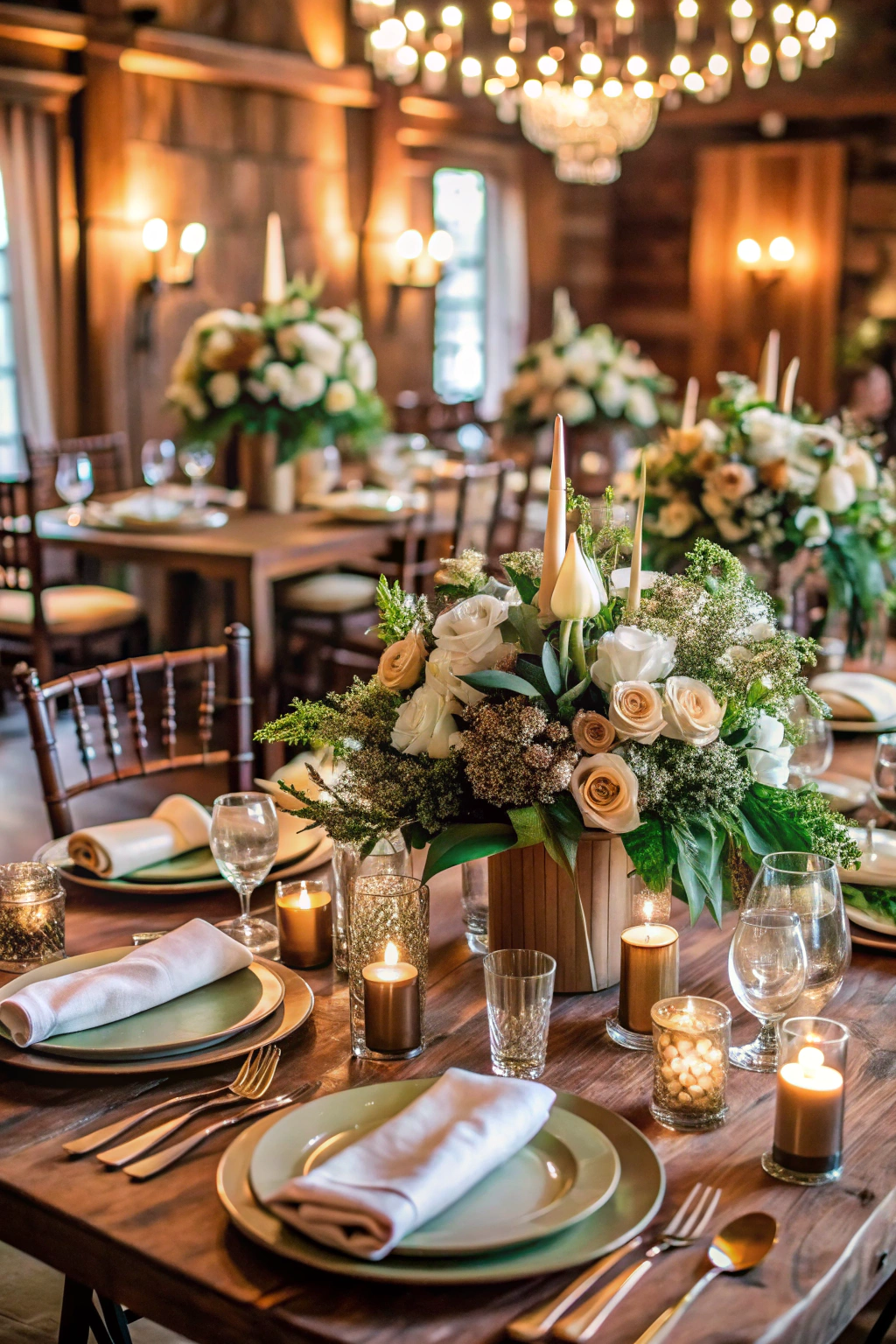 Cozy wedding table setting with brown and cream tones