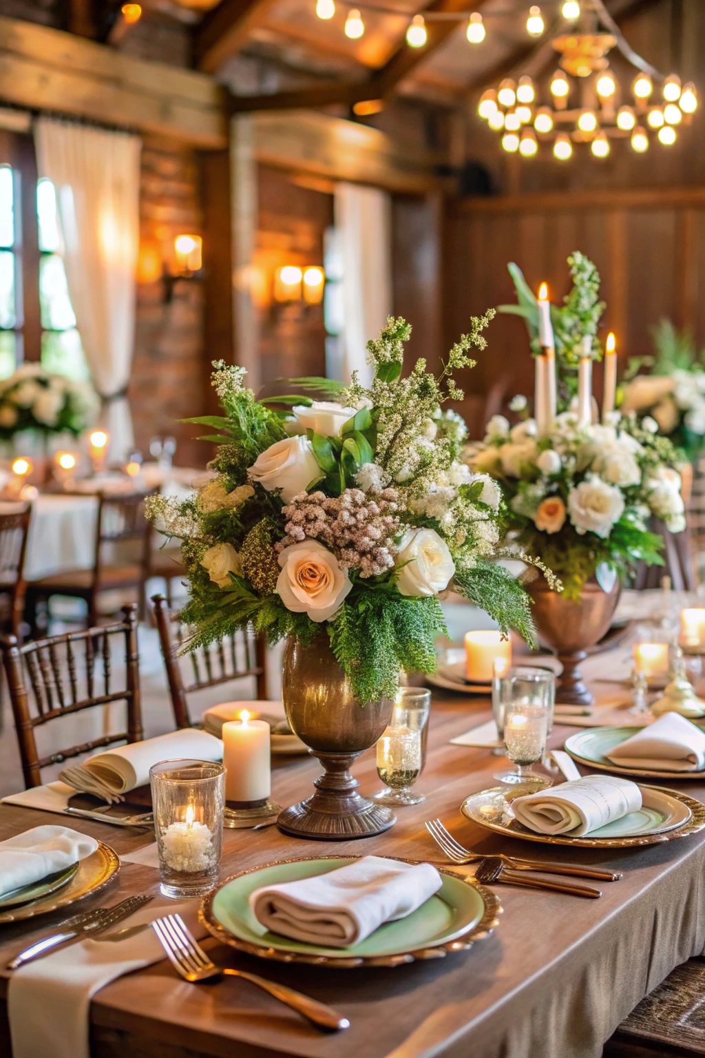 Long table with floral centerpiece and lit candles in an elegant setting