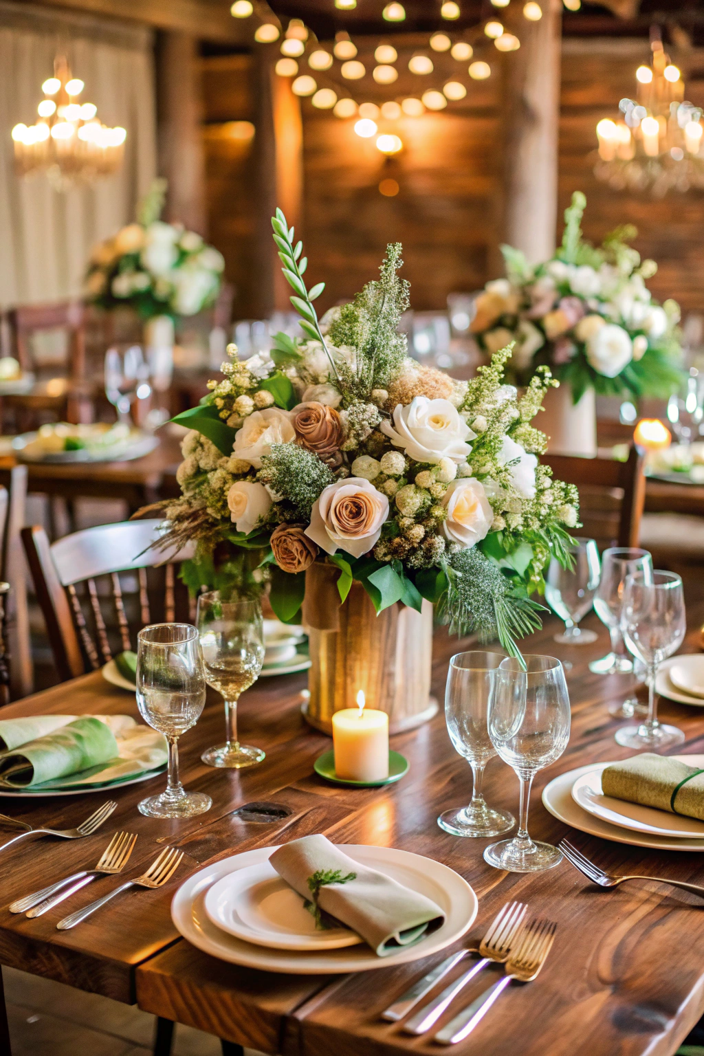 Cozy table setting with rustic floral centerpiece and warm candlelight