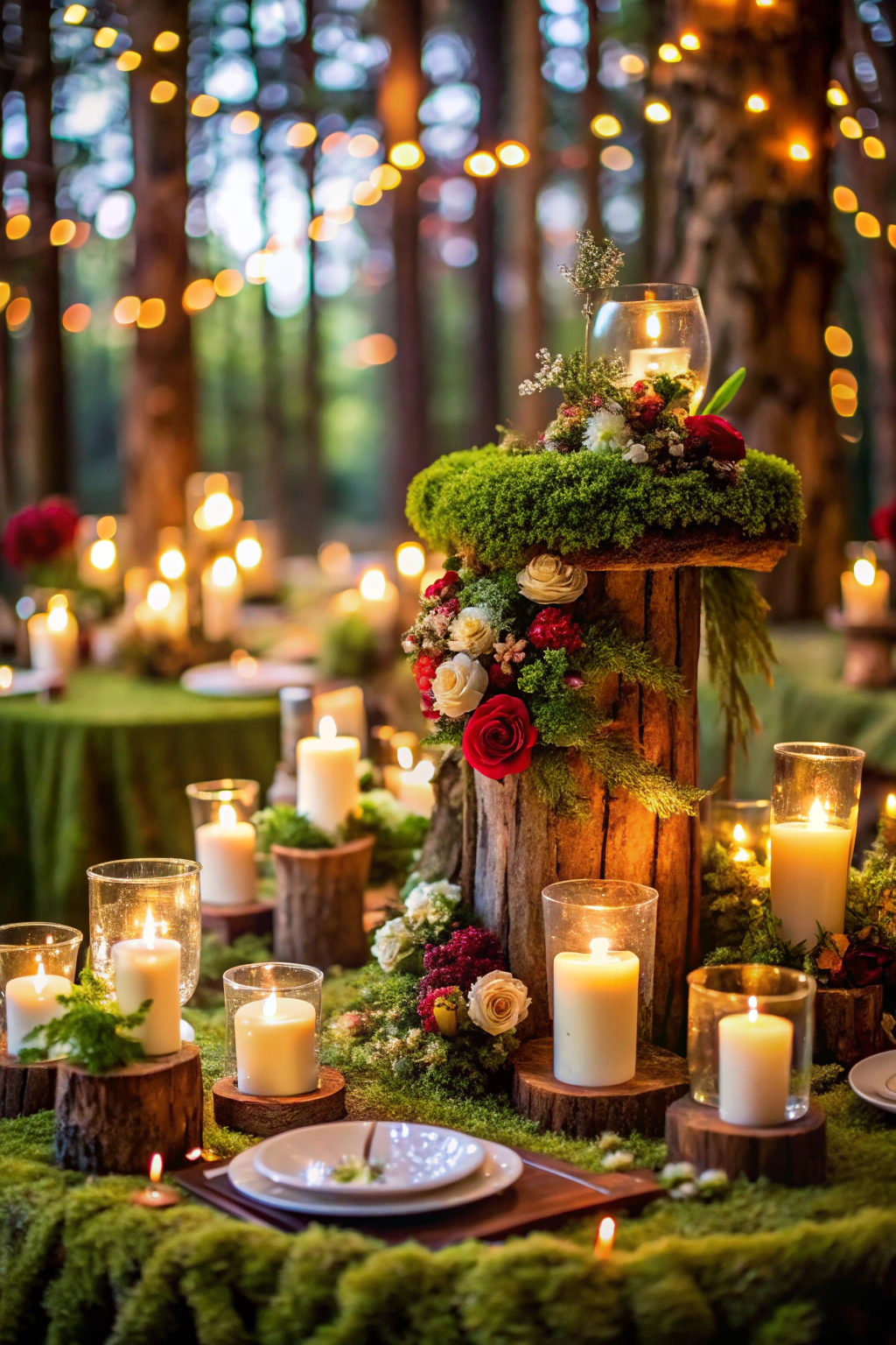 Elegant woodland wedding table with flowers and candles