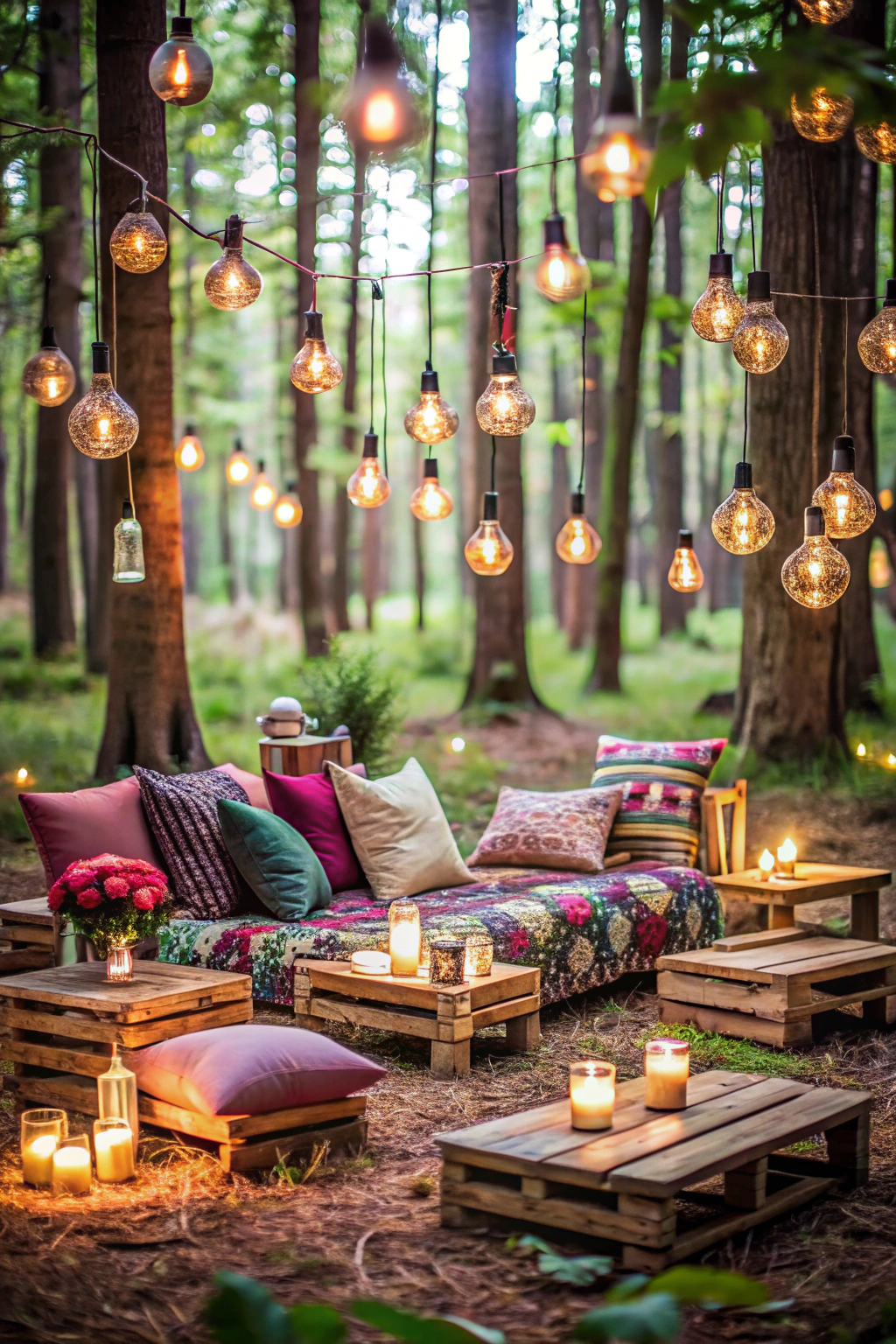 Romantic forest seating with glowing lights and soft pillows