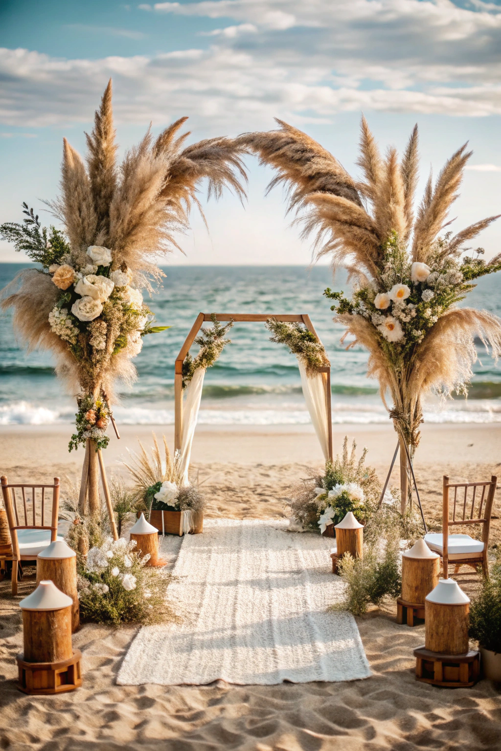 Beachfront wedding with pampas grass and floral arch