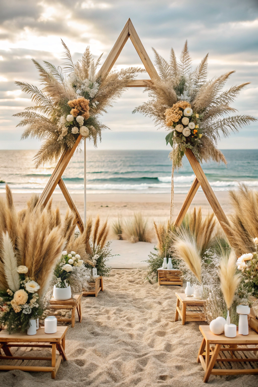 Triangle arch adorned with pampas grass and flowers on the beach