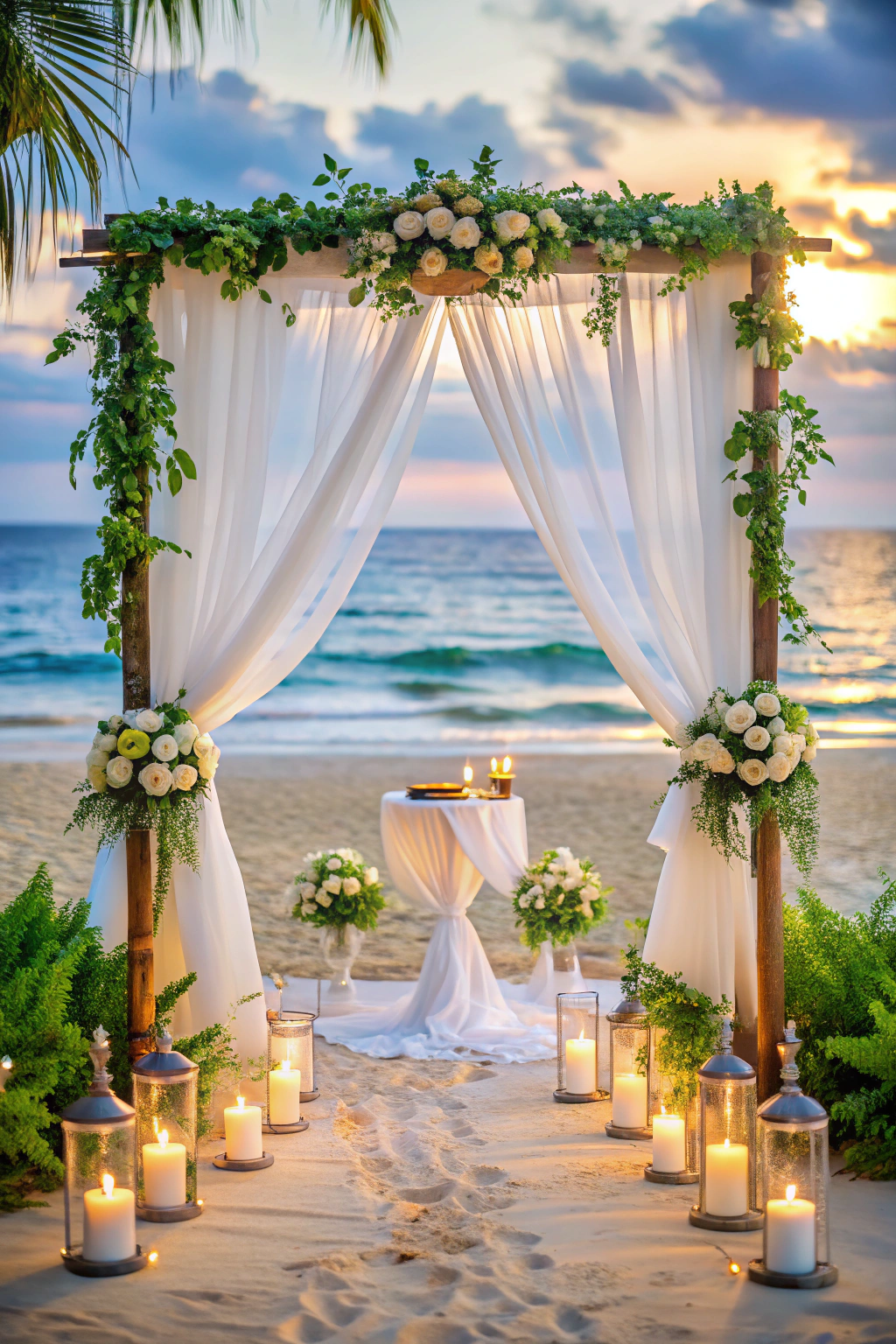 Beach wedding altar with candles and flowers at sunset