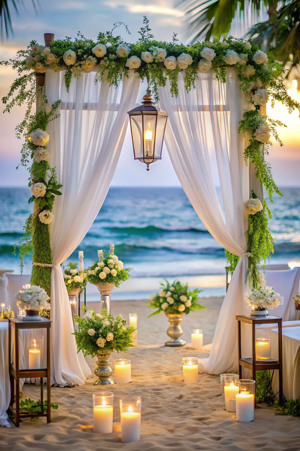 Beachfront wedding arch with candles and flowers