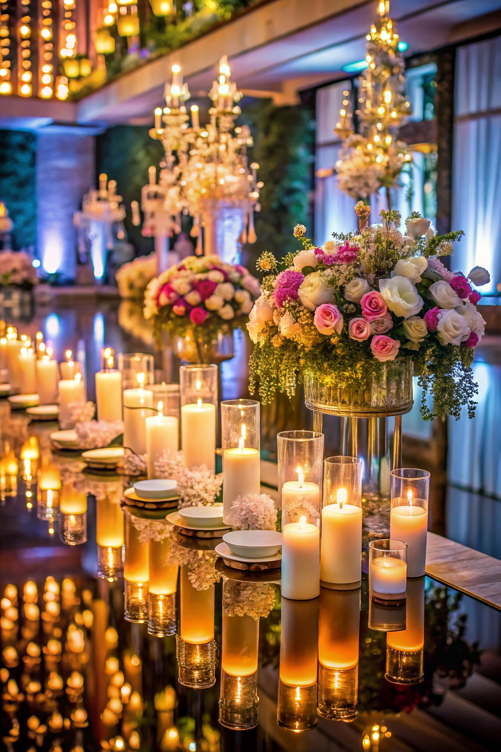 Magnificent floral centerpiece with glowing candles