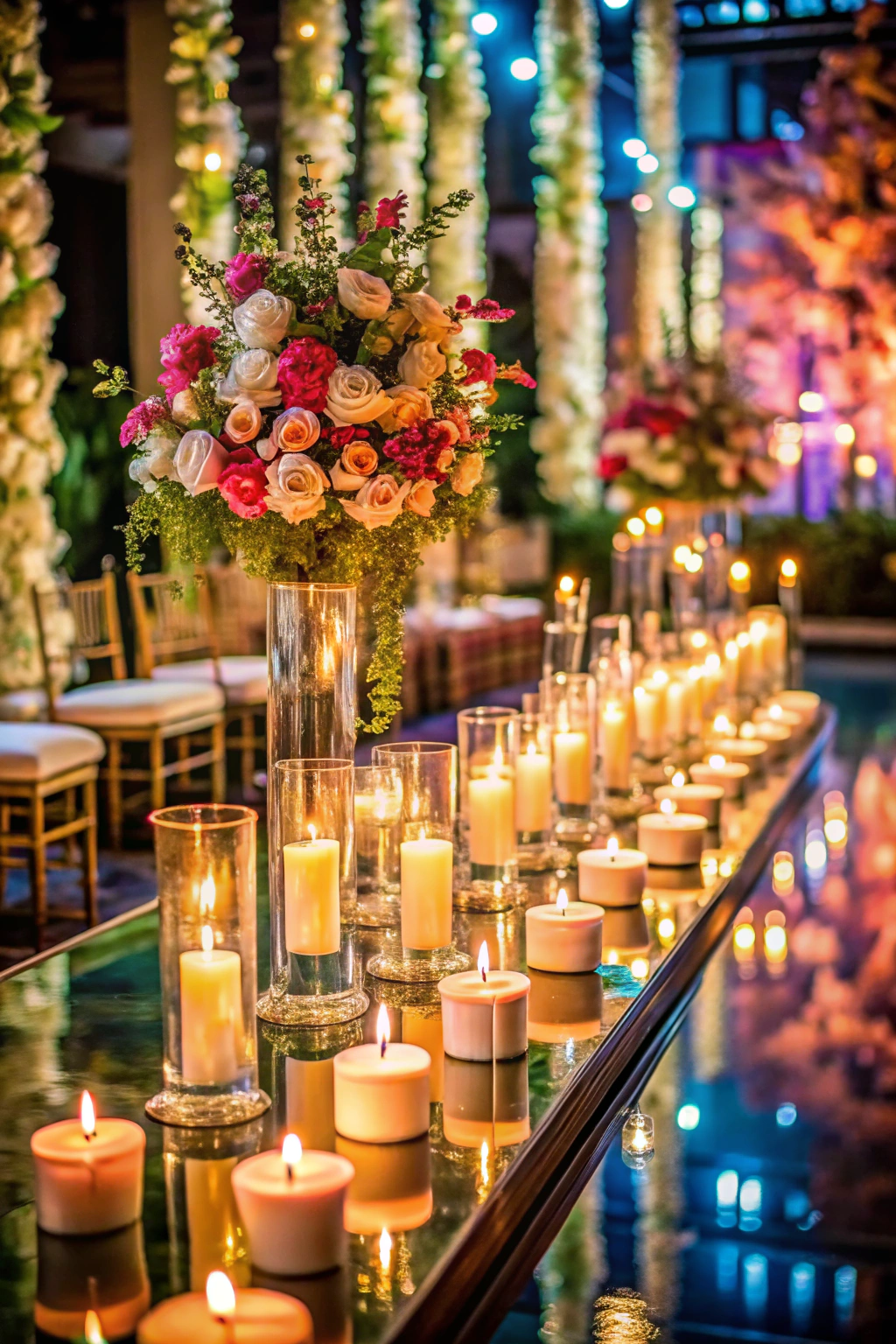 Gorgeous floral arrangement with glowing candles