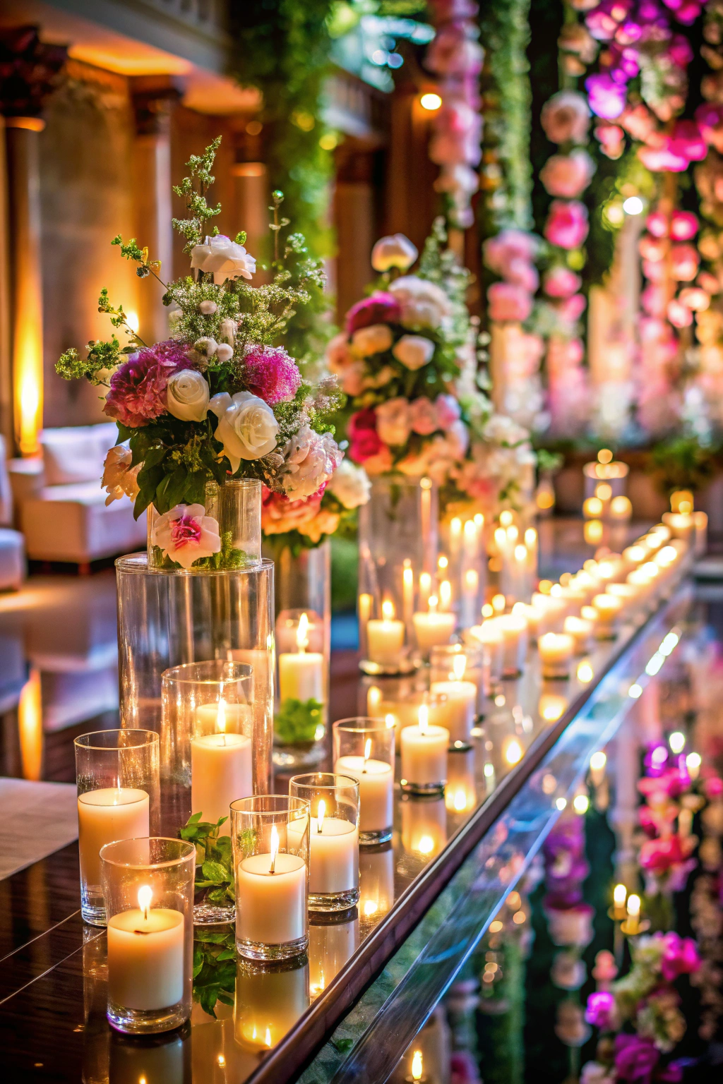 Candles and flowers elegantly line a mirrored table