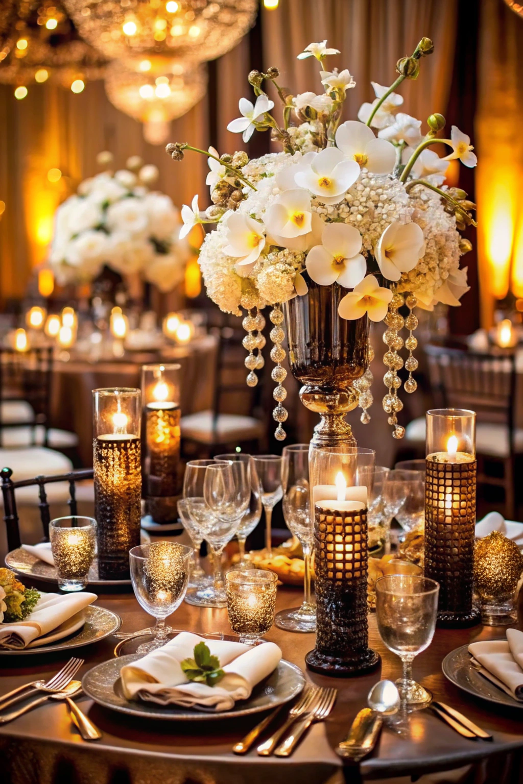 Orchids and Candles in Warm Brown Setting