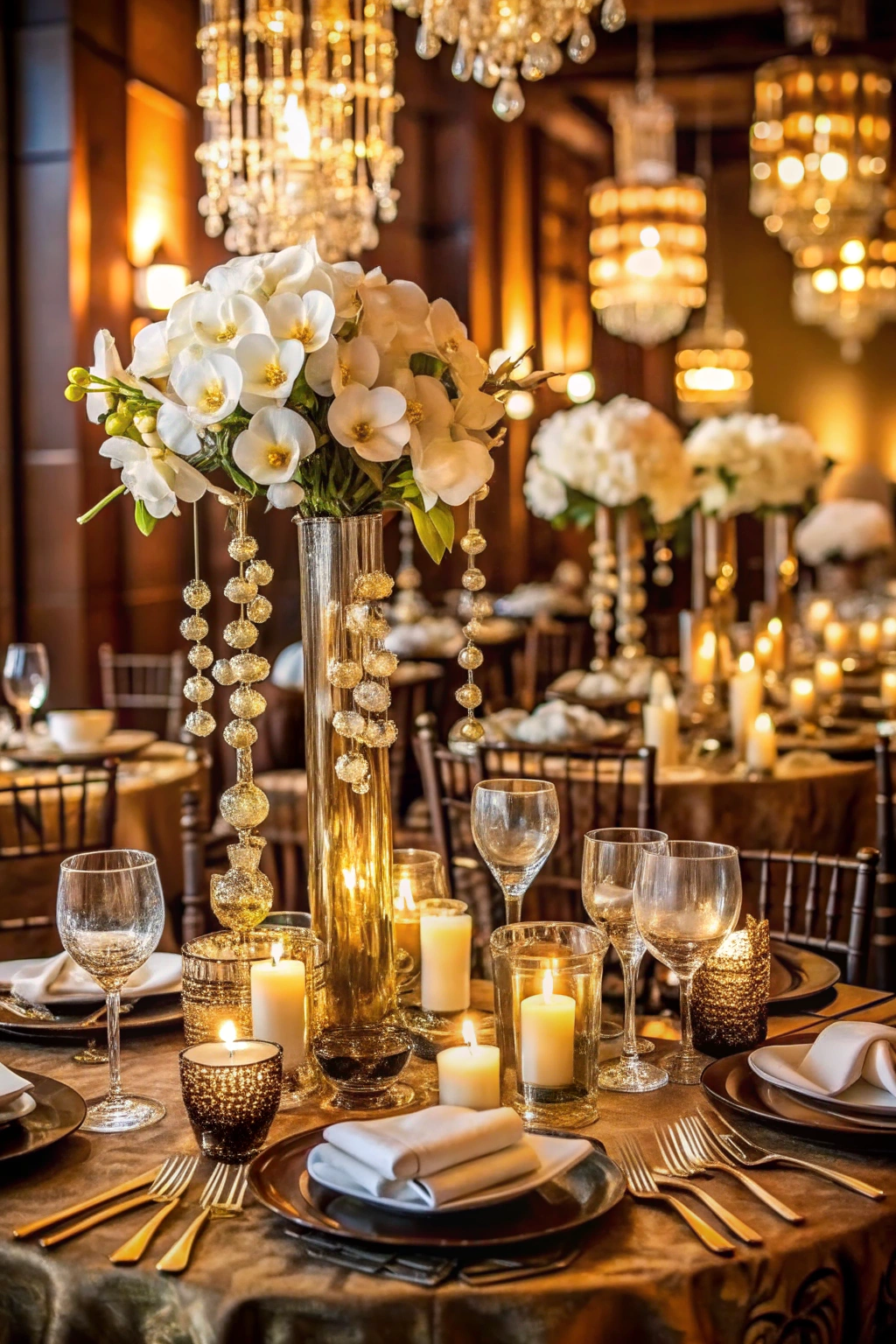 Elegant centerpiece with candles and white flowers