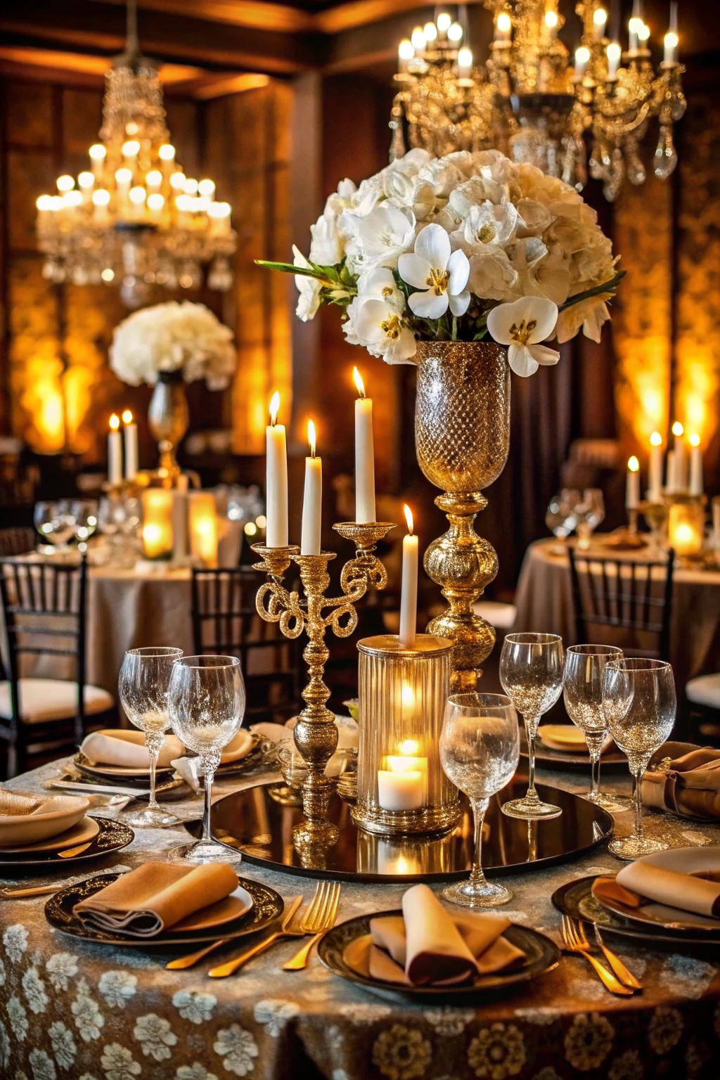 Elegant table setting with golden candles and floral centerpiece