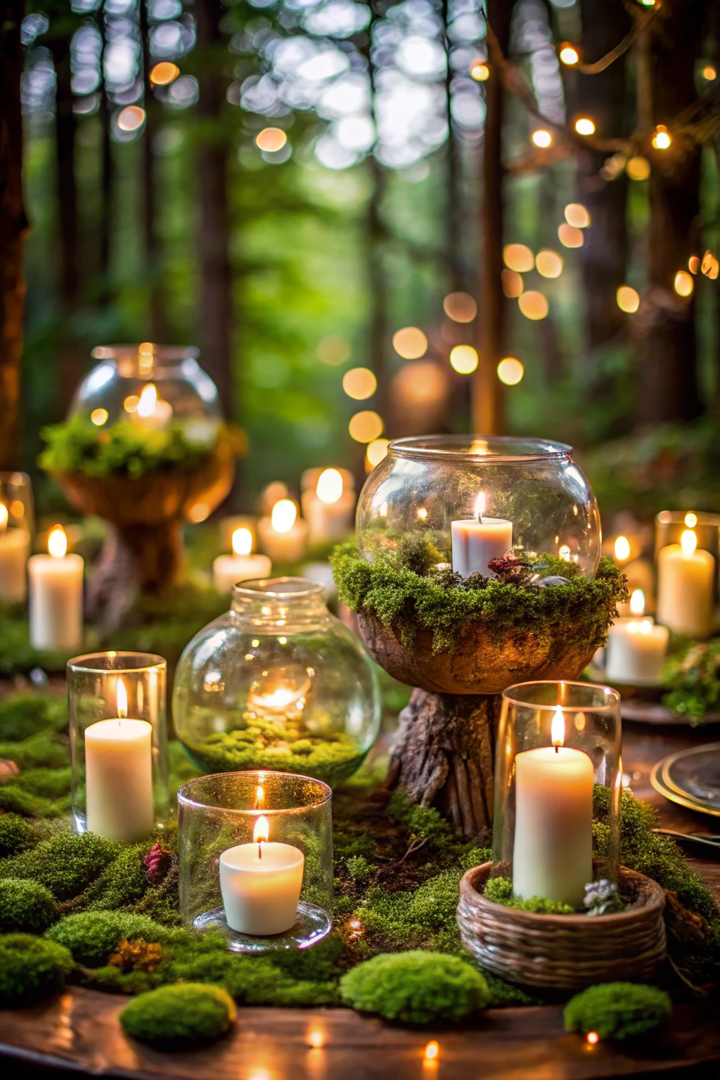 Candles and mossy decorations in a forest setting