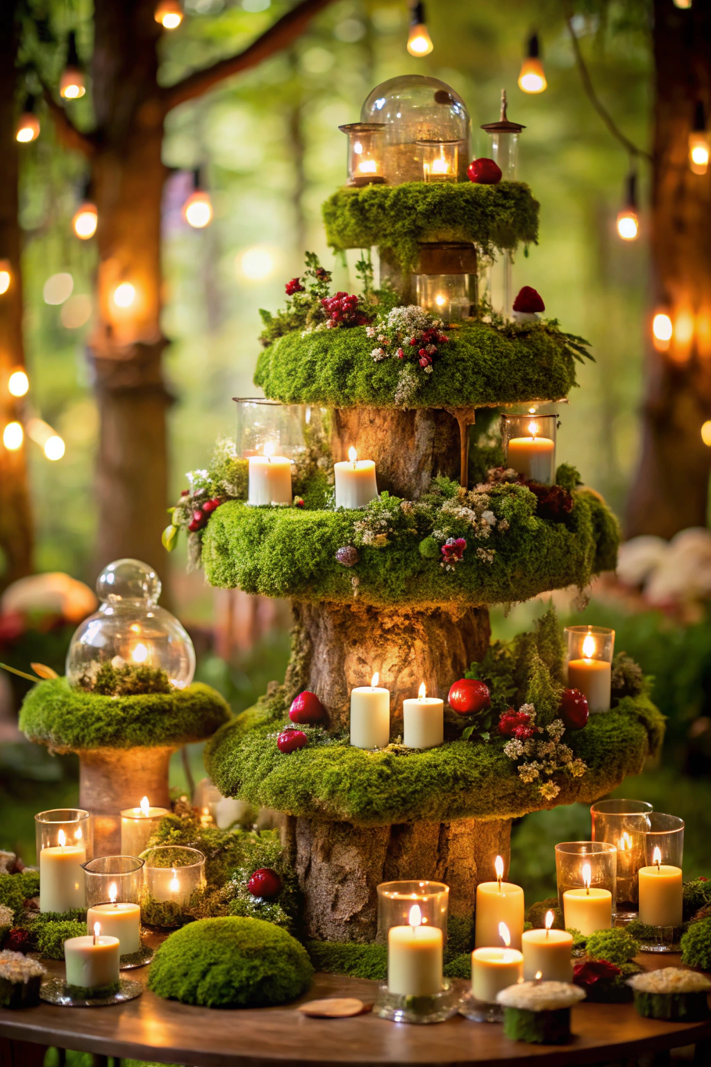 Tiered moss arrangement with glowing candles