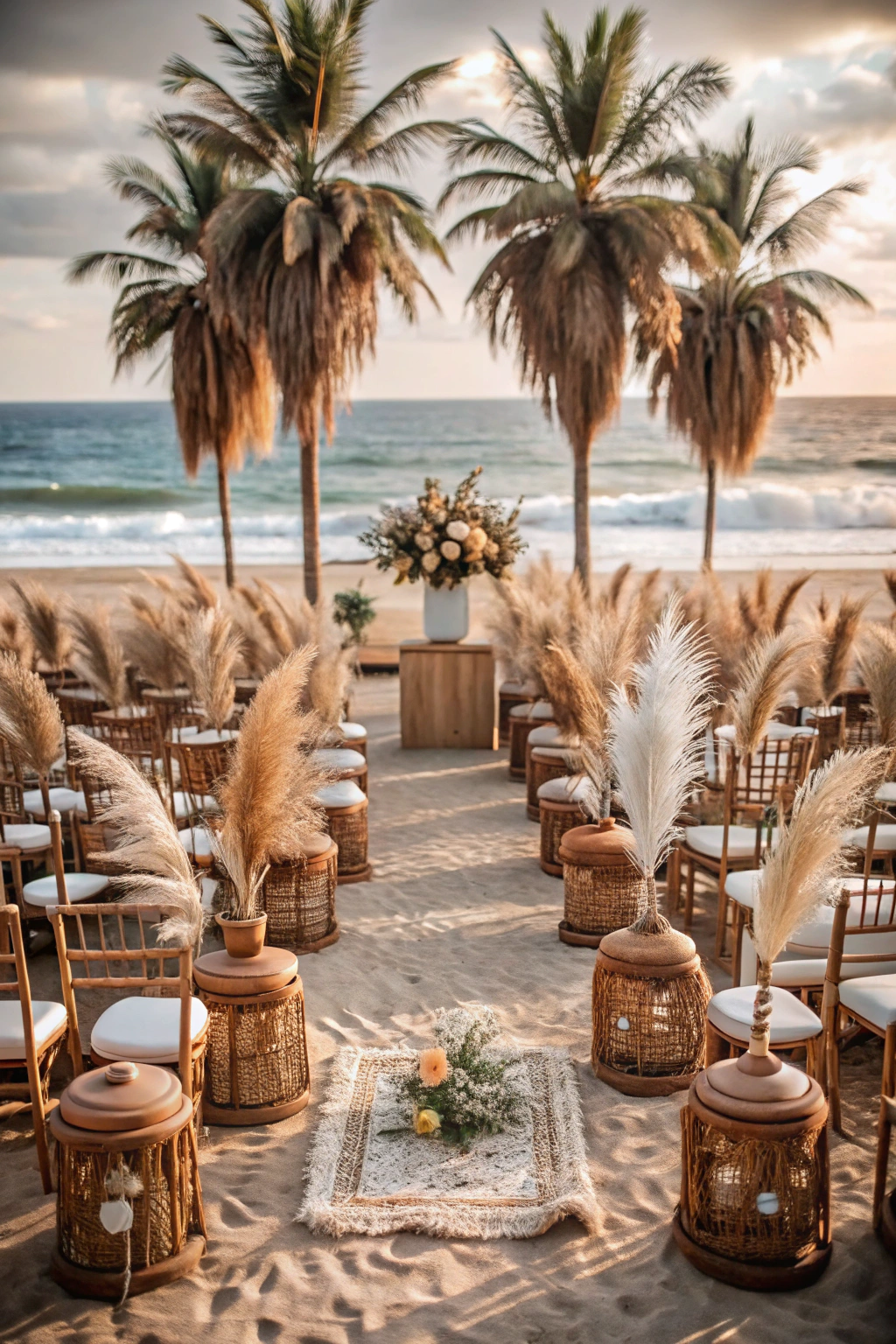 Beachfront wedding setup with pampas grass and wooden chairs