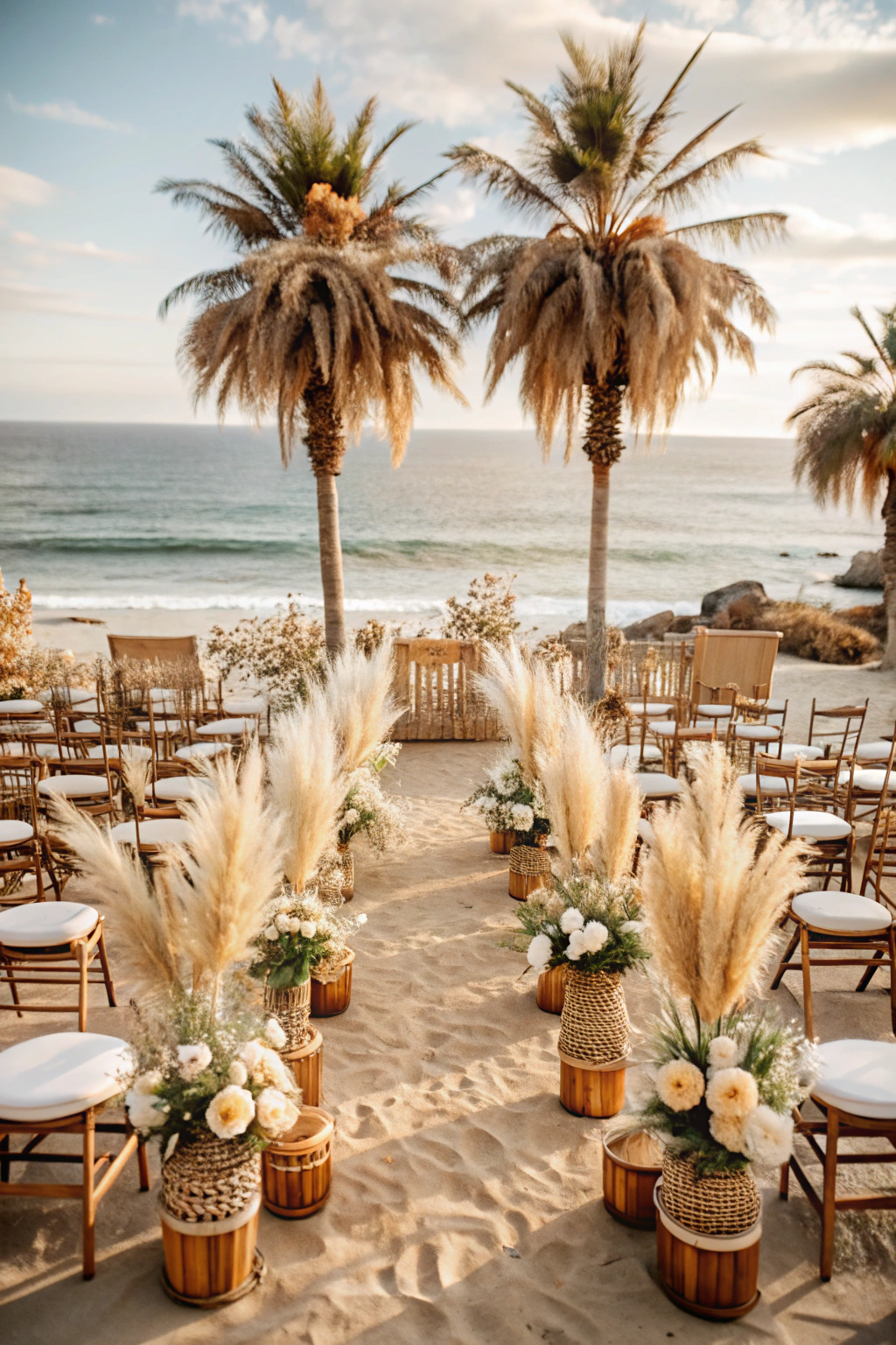 Bohemian wedding setup on a sandy beach