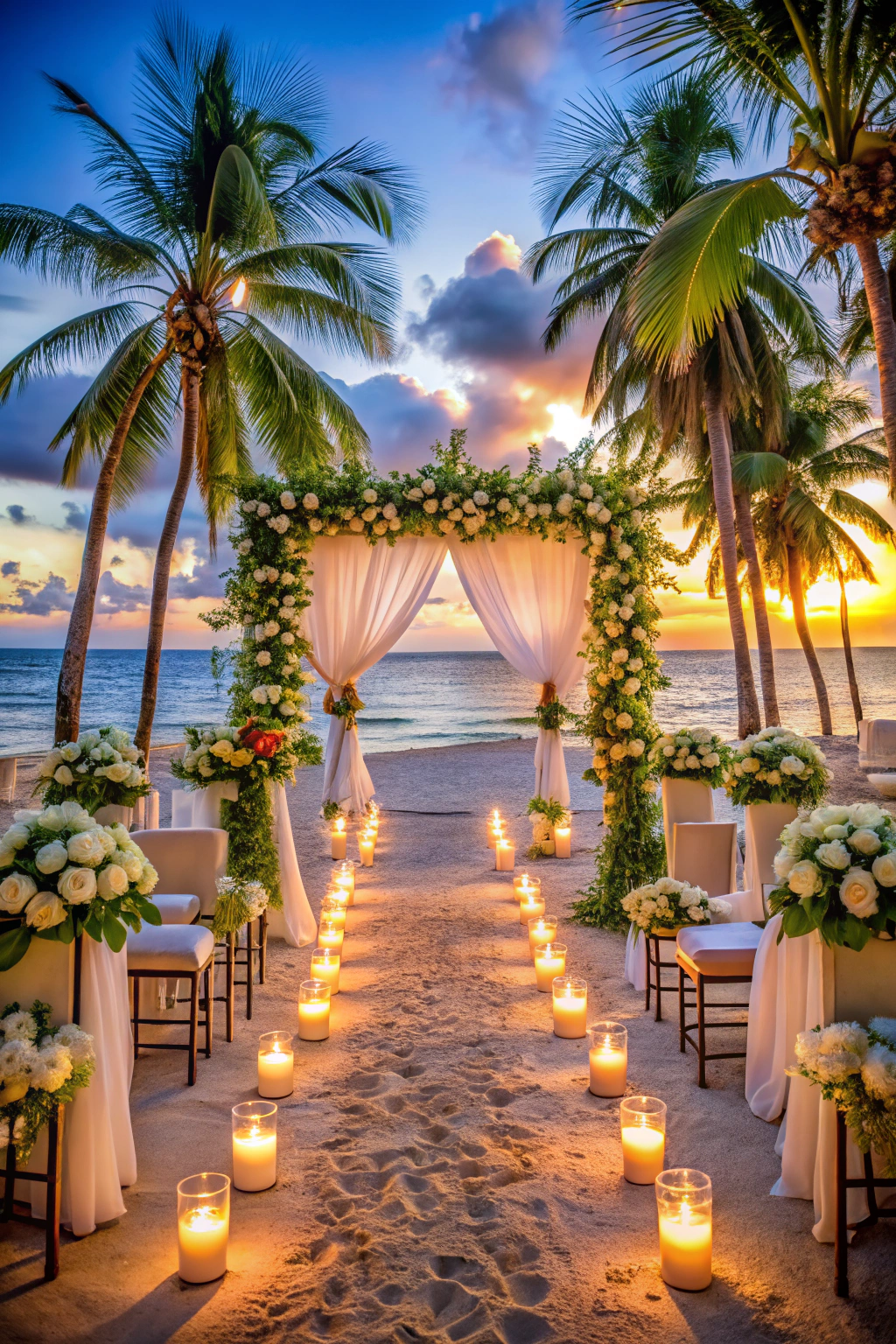 The wedding decor embodies a romantic beach theme characterized by an elegant oceanfront setup during sunset. An archway adorned with lush floral 1