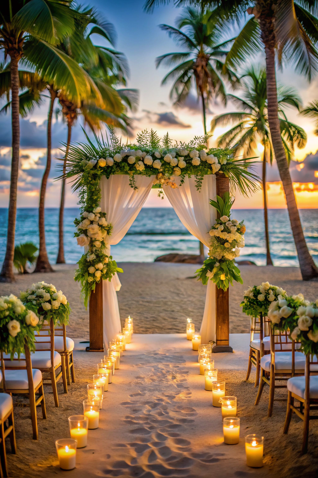 Beachfront wedding with palm trees and a floral arch