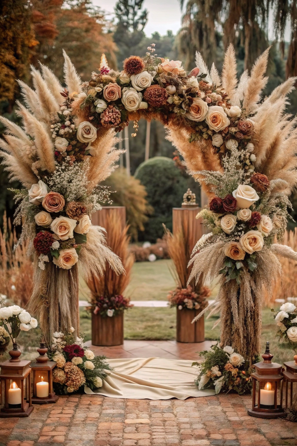 Pampas grass and roses arch with elegant lanterns