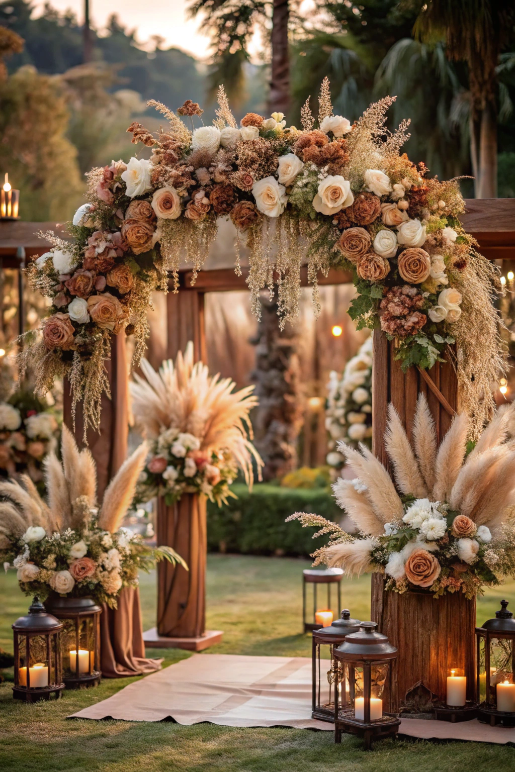 Romantic wedding arch adorned with brown and cream flowers