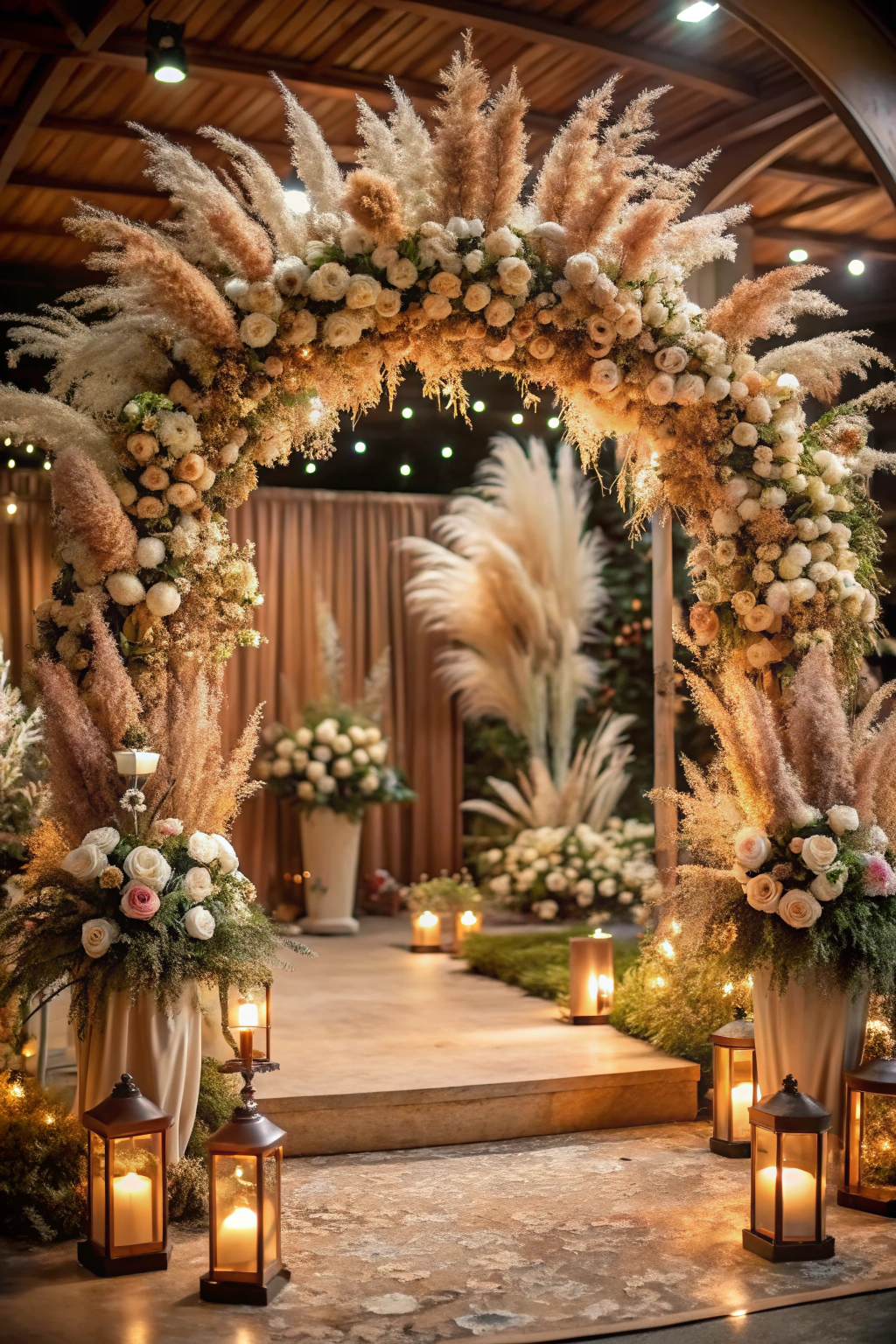 Arch of pampas grass and roses with candlelit path