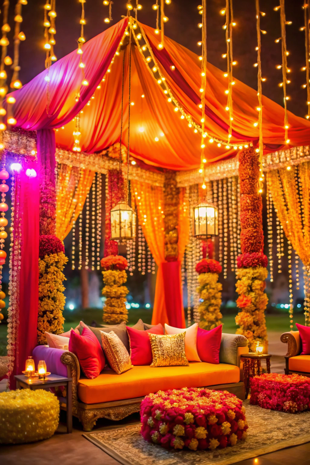 Vibrant lounge setting with orange and pink drapes, floral decor, and glowing lanterns