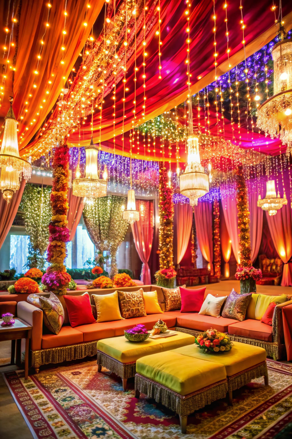 Colorful drapes and twinkling lights create a vibrant wedding lounge